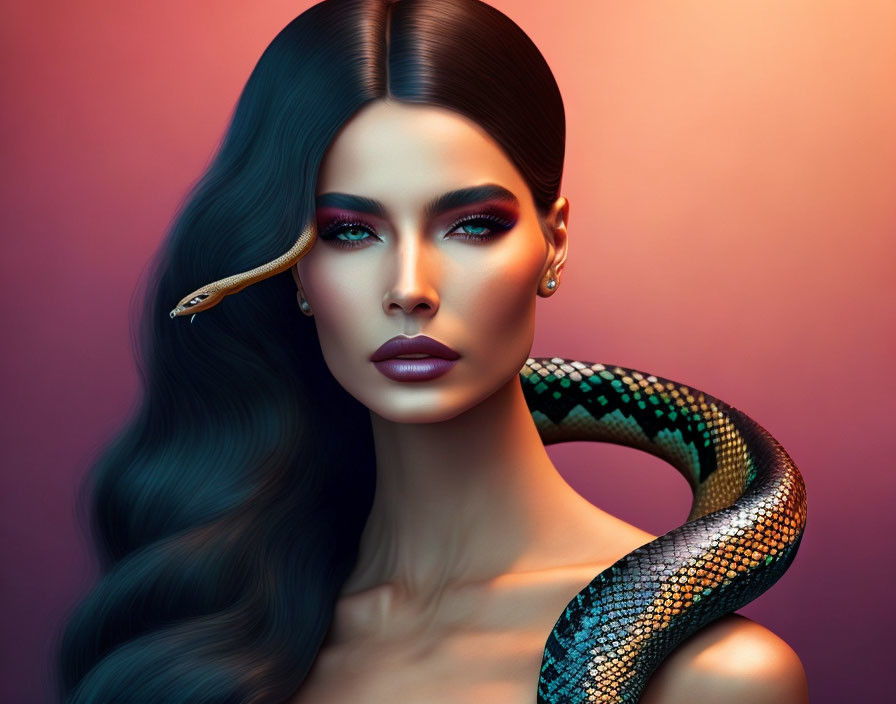 Dark-haired woman with striking makeup and snakes around her neck and face.