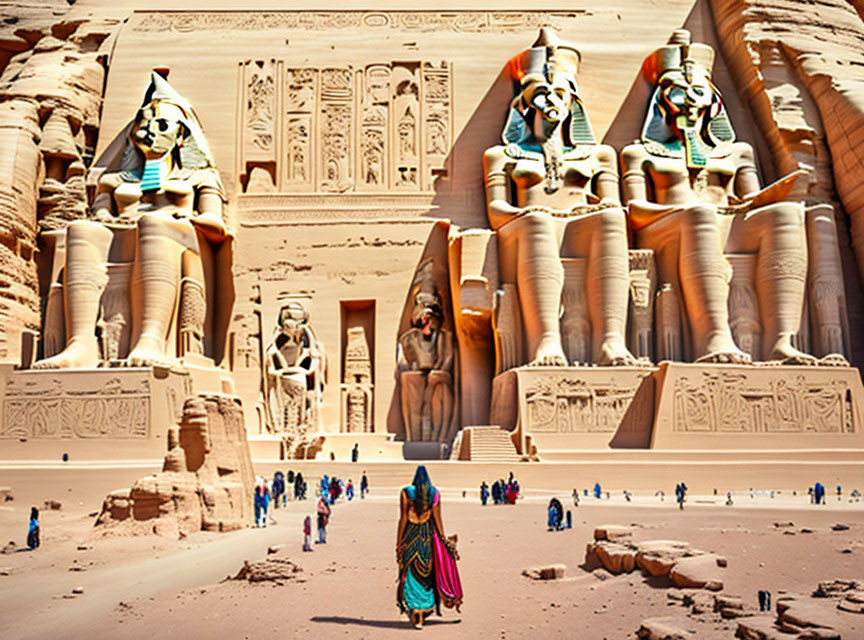 Ancient Abu Simbel temples with colossal Pharaoh Ramses II statues