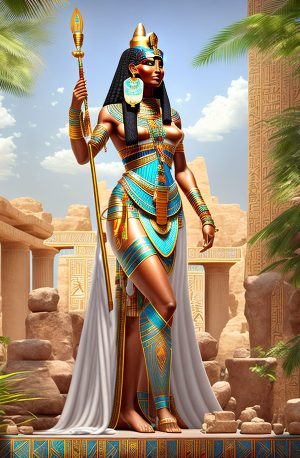 Digital illustration of ancient Egyptian queen in traditional regalia with headdress, jewelry, and royal scepter