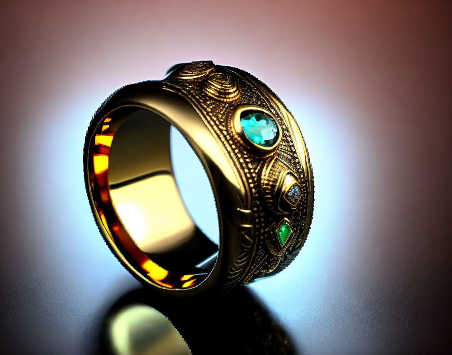 Golden Ring with Blue and Green Gemstones on Reflective Surface