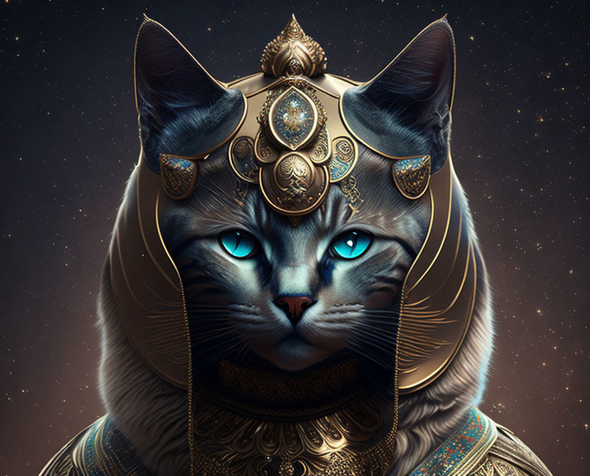 Regal cat in golden headgear with blue eyes on starry backdrop