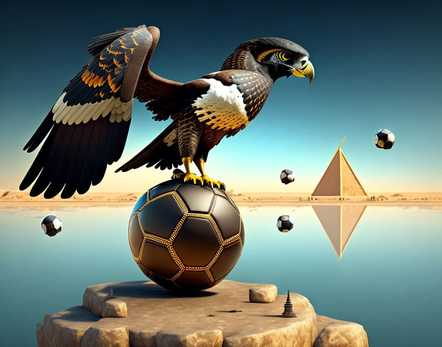 Eagle perched on golden soccer ball with floating balls and pyramid landscape