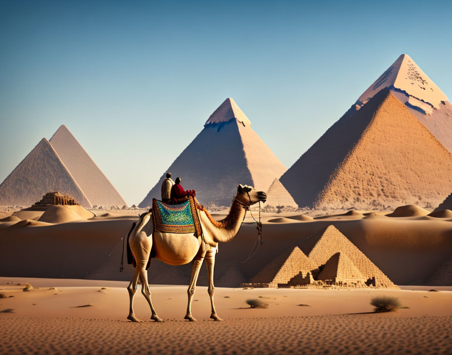 Camel in front of Giza pyramids under clear sky