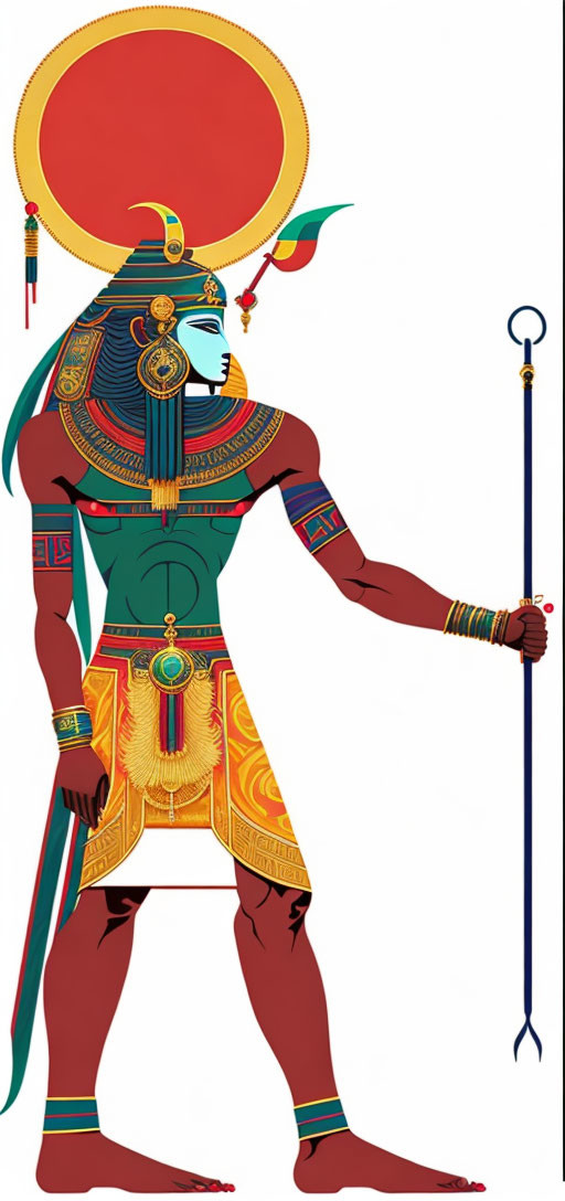 Ancient Egyptian deity illustration with traditional headdress and staff