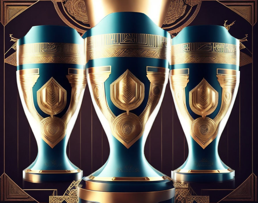 Ornate Golden Trophies with Blue Details on Dark Background