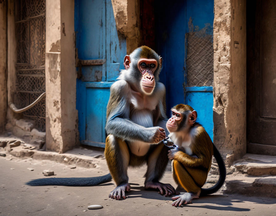 Two monkeys by blue door in sunny alleyway