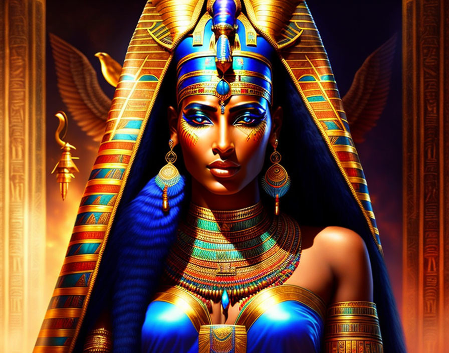 Egyptian Queen Portrait with Headdress, Jewelry, and Makeup on Golden Hieroglyphic Background