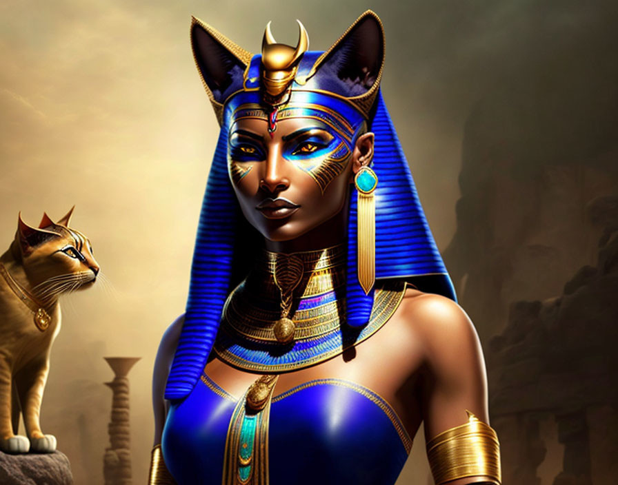 Illustration of Egyptian woman with cat-like features in pharaonic attire.