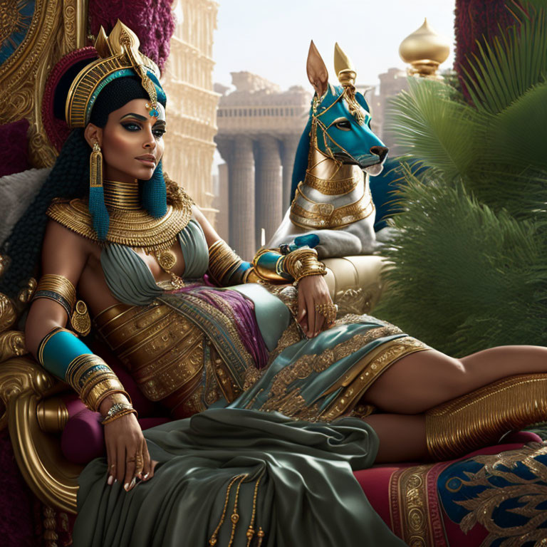 Egyptian queen in regal attire with golden Anubis-headed dog in luxurious ancient decor