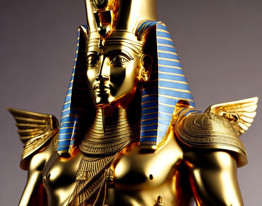 Detailed close-up of golden Egyptian pharaoh bust with striped blue and gold headdress and intricate neckpiece