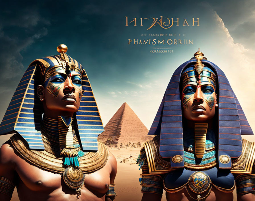 Egyptian Pharaoh-like Figures with Elaborate Headdresses and Pyramids in Dramatic Sky