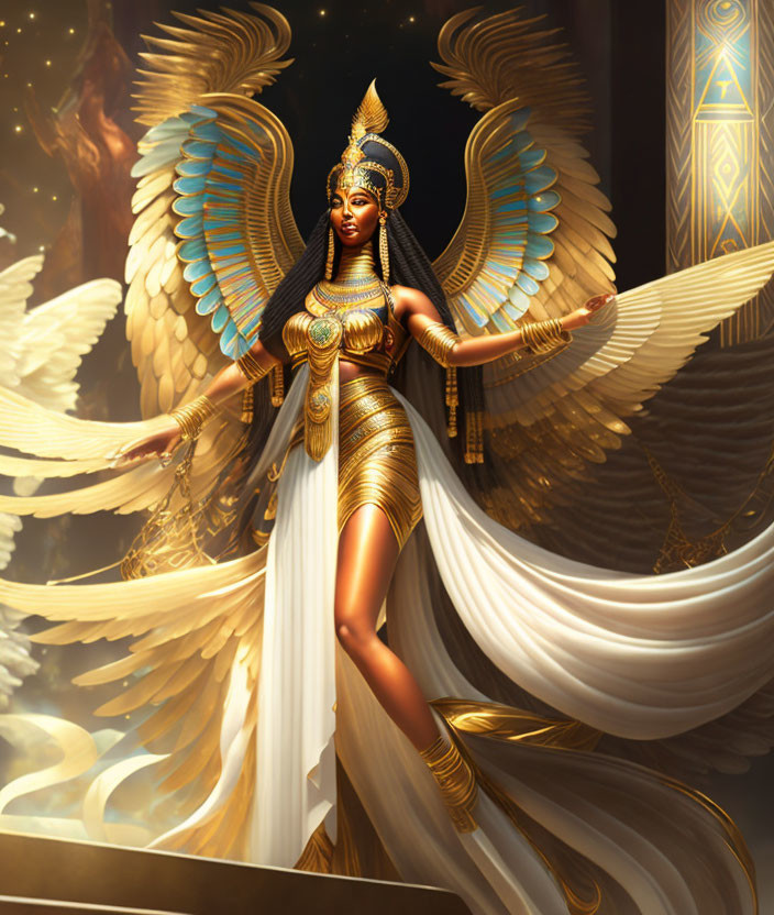 Majestic figure with golden wings and Egyptian-style headdress in elaborate gold jewelry