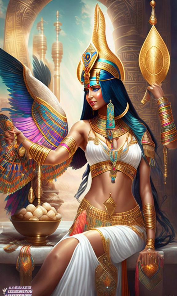 Illustrated Egyptian woman with ankh, wings, and pillars