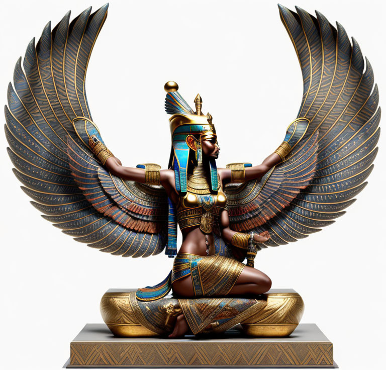 Vibrant Egyptian goddess Isis statue with outstretched wings and traditional attire on white background