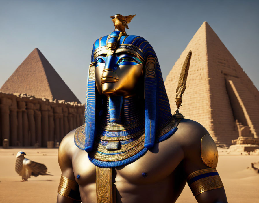 Anthropomorphic Egyptian Pharaoh Digital Art with Golden Armor and Pyramids