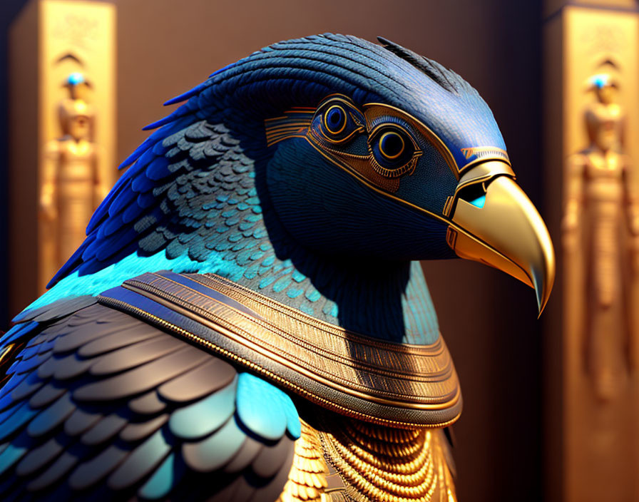 Detailed Digital Illustration: Anthropomorphic Mechanical Bird with Blue Feathers and Golden Beak in Hierog