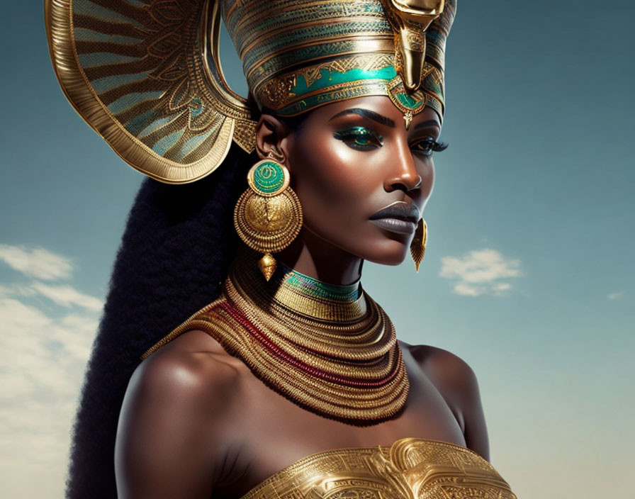 Digital artwork of woman with Ancient Egyptian makeup and headdress, wearing gold jewelry on blue sky backdrop