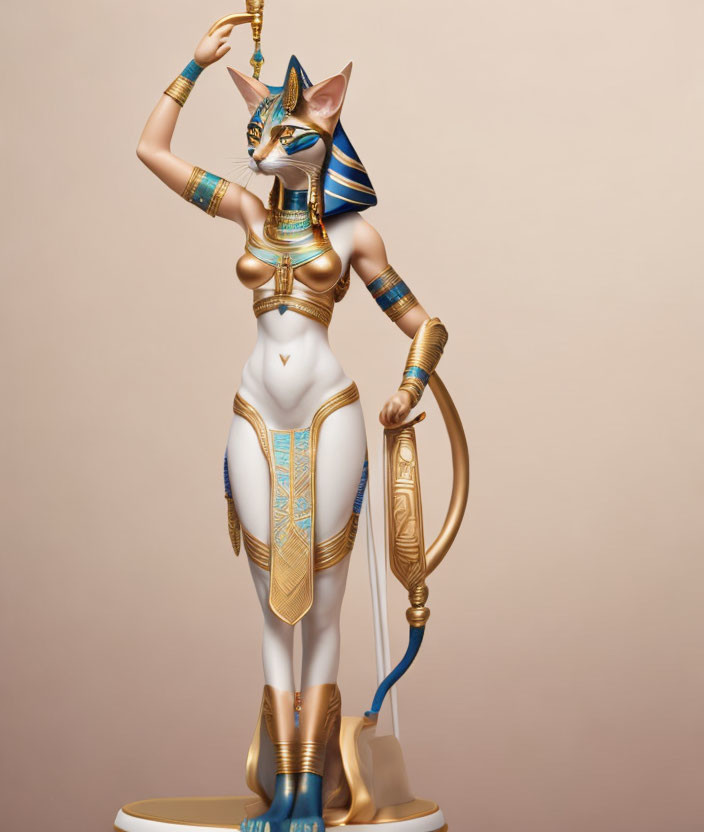 Egyptian Bastet statue: anthropomorphic cat deity with ankh and sistrum