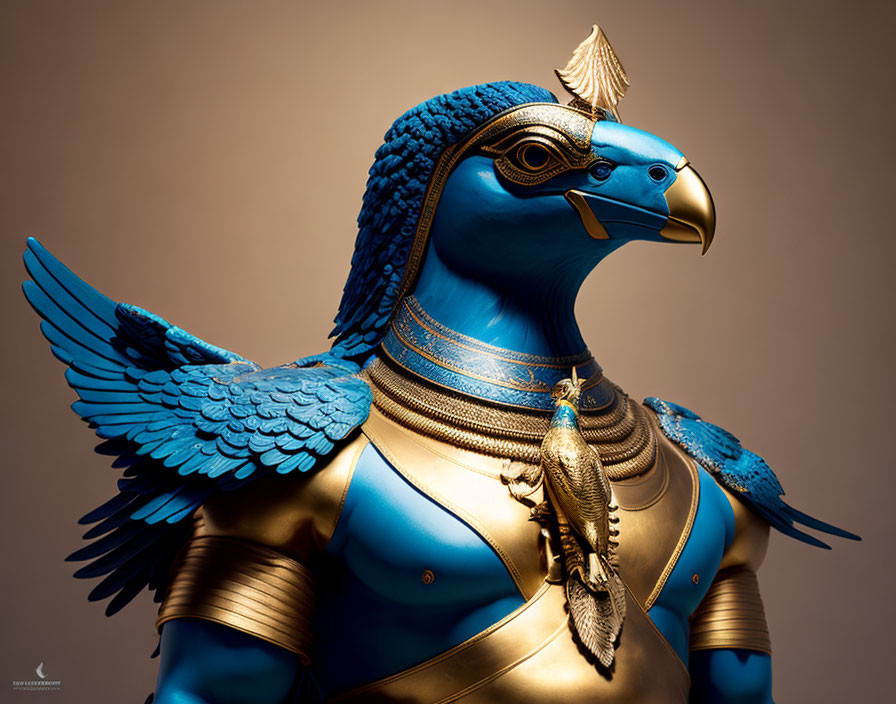 Egyptian-style bird-headed statue with blue and gold colors and intricate wing designs