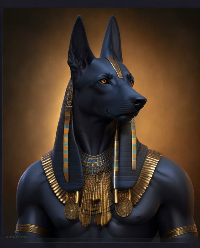 Anthropomorphic black canine with Egyptian-style golden jewelry on brown backdrop