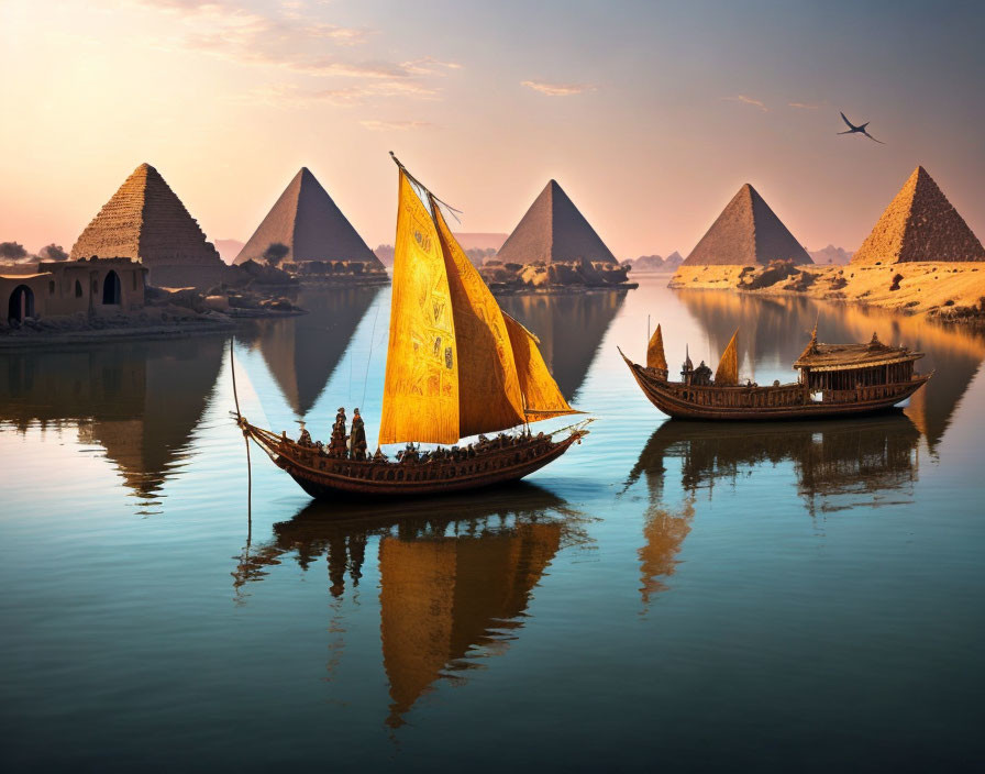 Egyptian Pyramids Viewed from River at Sunset with Traditional Boats and Bird