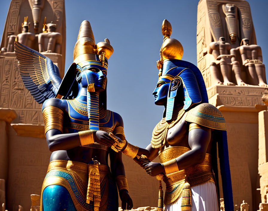 Ancient Egyptian statues with traditional headdresses in front of temple