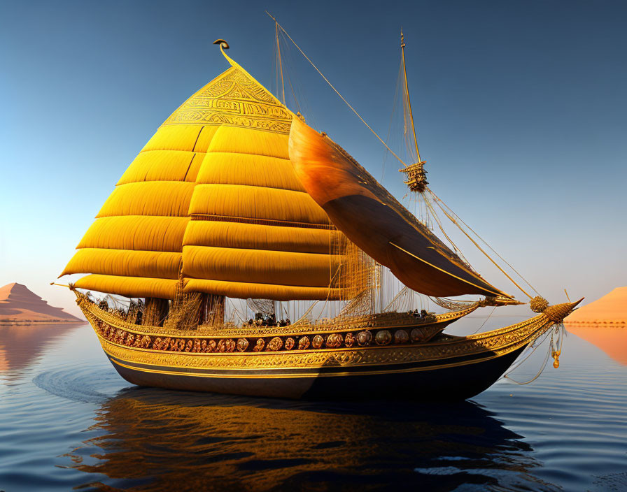 Golden-sailed ship on calm waters at sunset with pyramids in the background