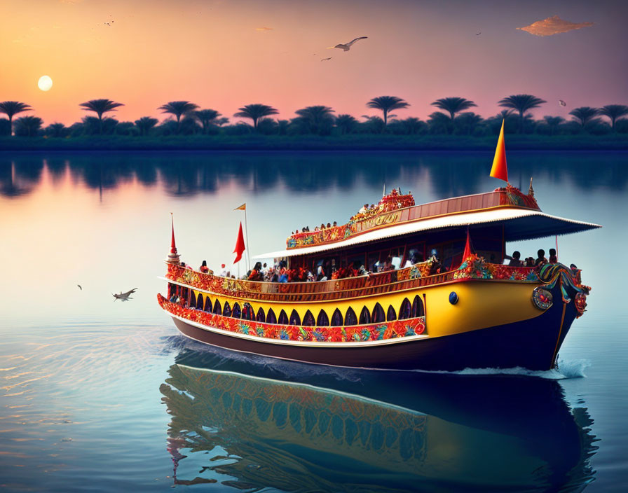 Colorful decorated boat cruising on calm river at sunset with birds and trees reflecting