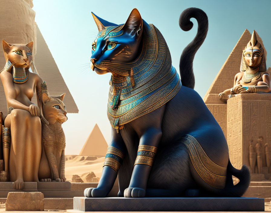 Digital artwork of majestic black cat statues in Ancient Egyptian pharaoh attire with pyramids.