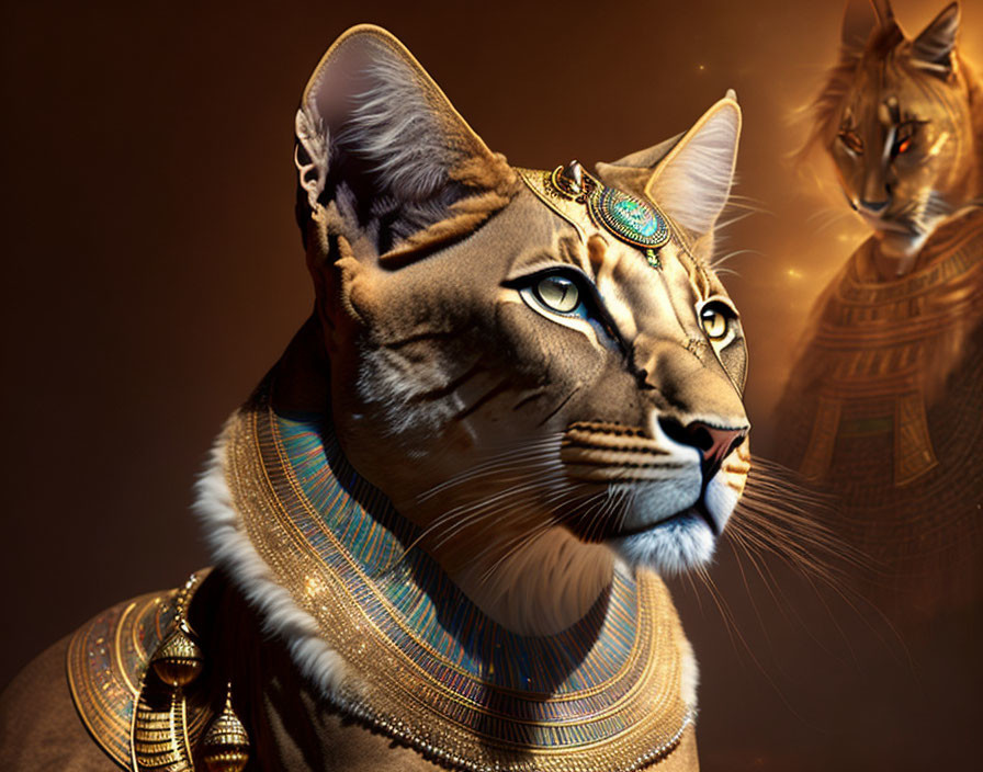 Anthropomorphic cat with Egyptian-style jewelry on dark background