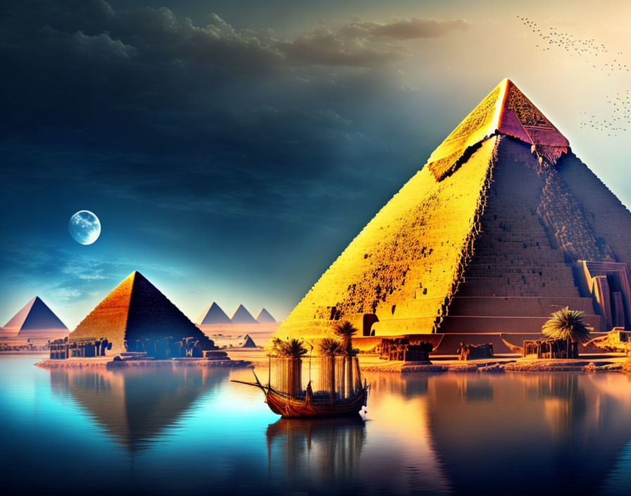 Surreal Egyptian pyramids at dusk with river, boat, palm trees, birds, and moon