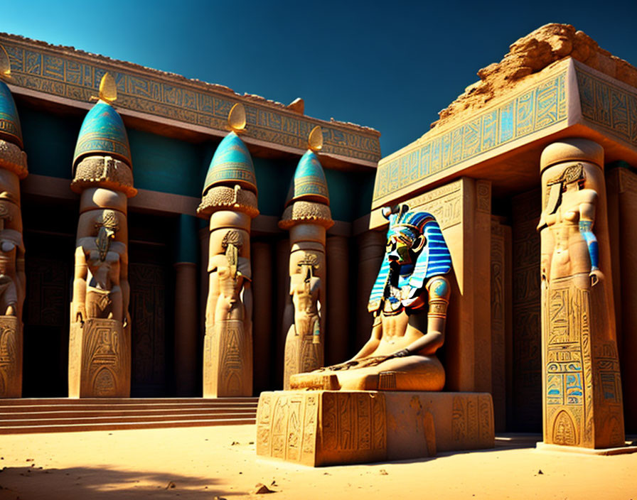 Ancient Egyptian temple with pharaoh statues, hieroglyphics, and towering columns