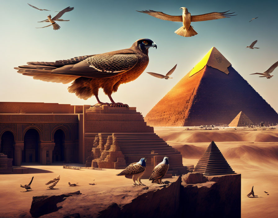 Close-up of falcon with birds over Egyptian landscape and iconic monuments under golden sky