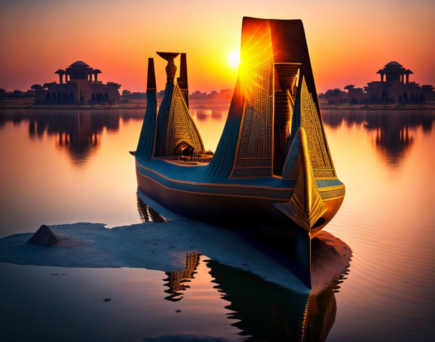 Ornate traditional boats on calm water at sunset with silhouetted pavilions