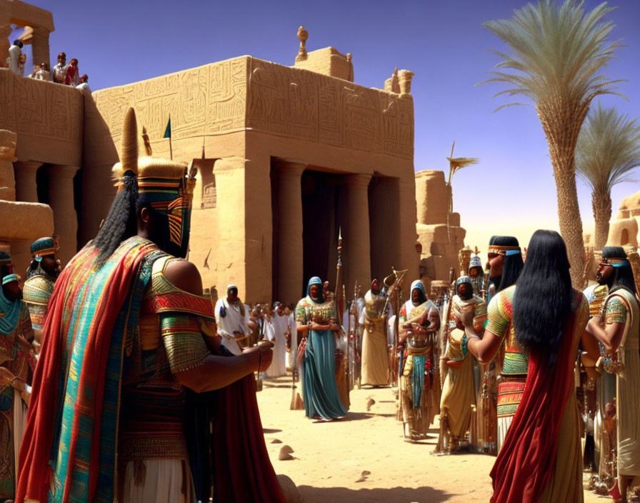 Group of people in ancient Egyptian costumes at temple with pharaoh-like figures