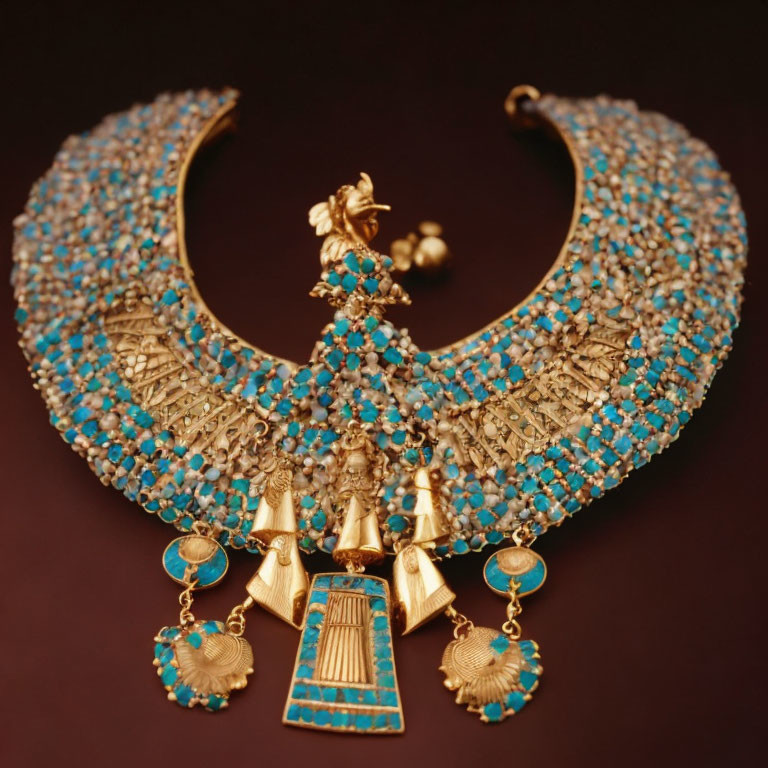 Luxurious Gold and Turquoise Collar Necklace with Pendant and Earrings Set