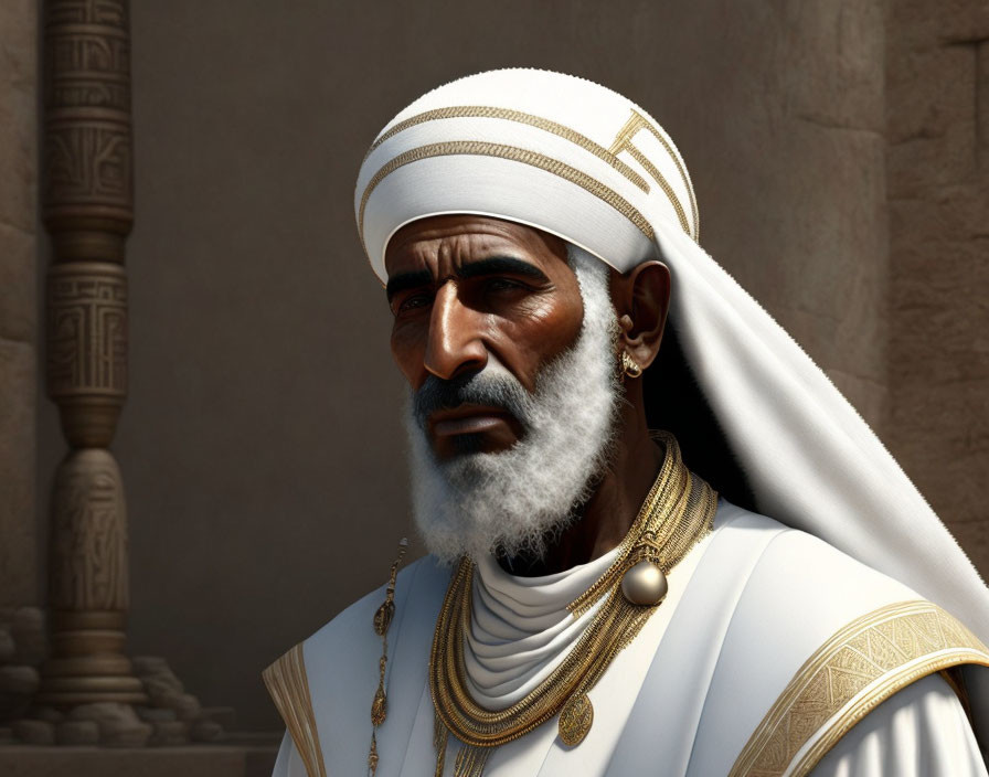 Man in White Turban with Gold Jewelry in Sunlit Stone Corridor