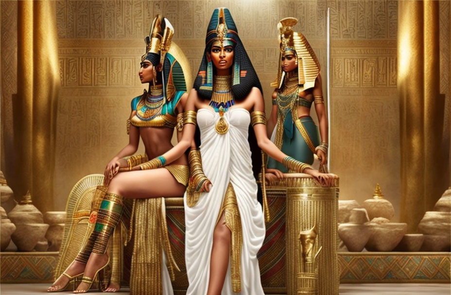 Three women in ancient Egyptian attire with headdresses, jewelry, and makeup in a gold-adorned