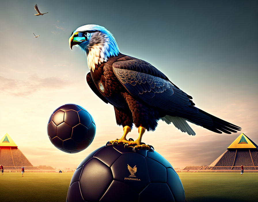 Digital artwork: Eagle with human head on soccer ball, pyramids and soccer field backdrop