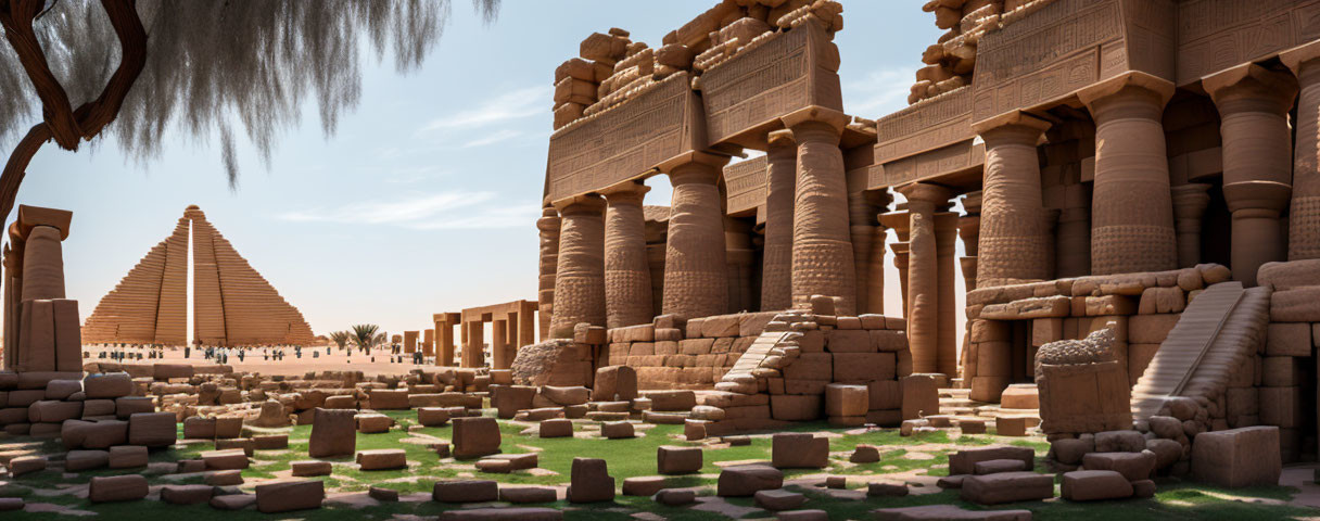 Ancient Egyptian temple ruins with columns and pyramid in desert landscape