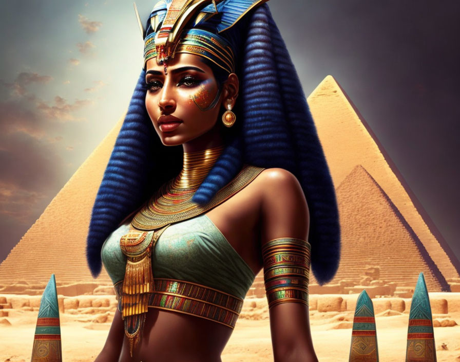 Digital artwork: Woman in ancient Egyptian royalty attire with pyramids and obelisks.