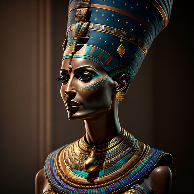 Egyptian Queen Bust with Intricate Headdress and Jewelry on Dark Background