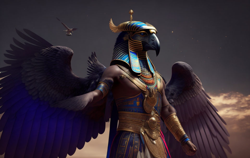 Falcon-headed anthropomorphic figure in Egyptian attire under twilight sky