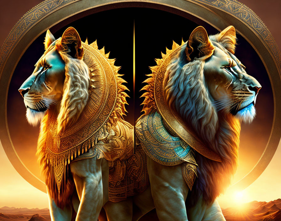 Stylized lions in golden armor against Egyptian desert backdrop