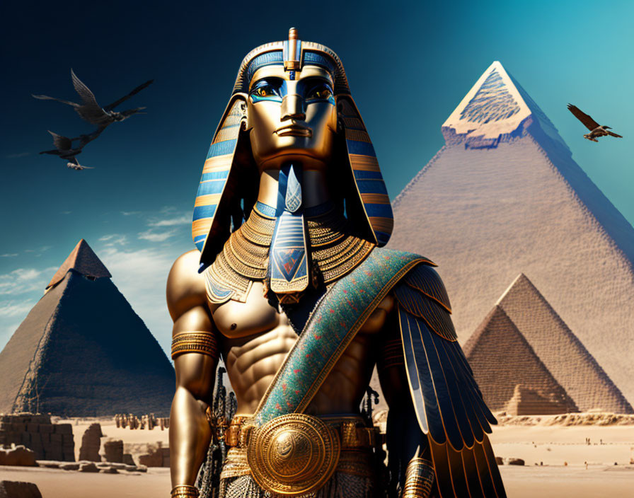 Ancient Egyptian pharaoh statue with Great Pyramids and birds in digital art