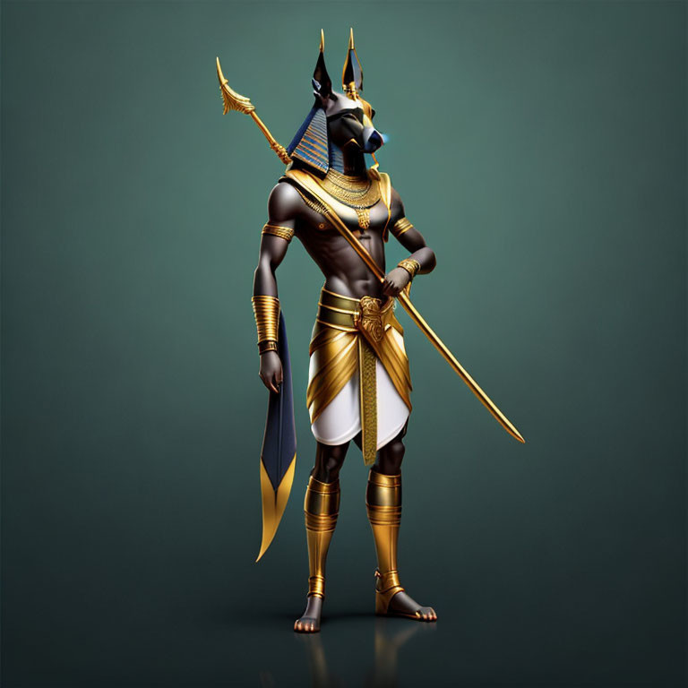 Golden Anubis 3D illustration in royal attire with scepter and sword