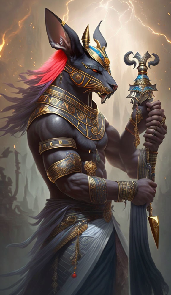 Anthropomorphic jackal-headed figure in Egyptian god Anubis style with ornate armor and staff