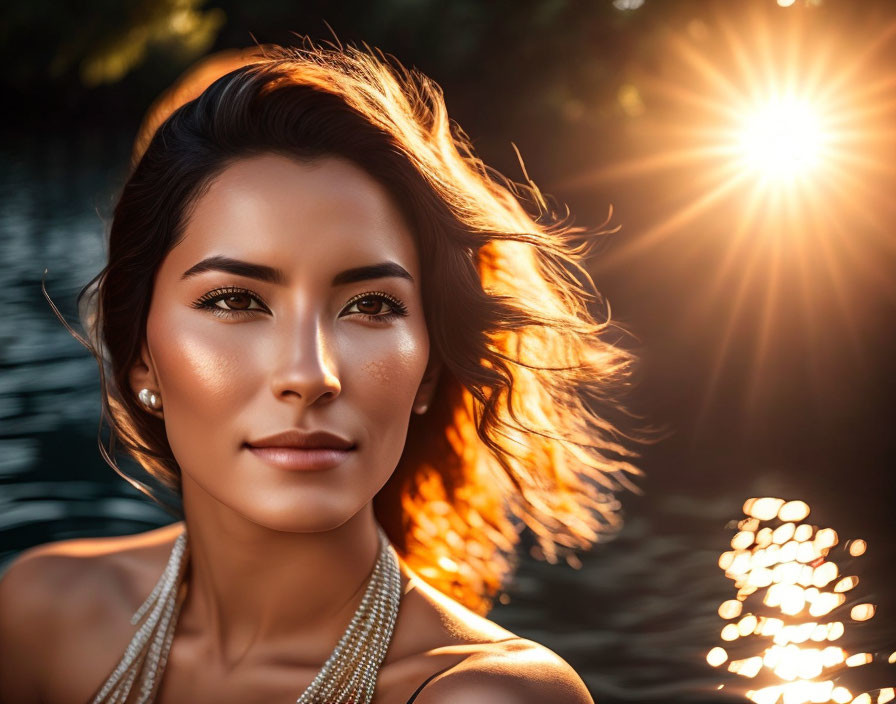 Sun-kissed woman with flowing hair against sparkling water backdrop at sunset