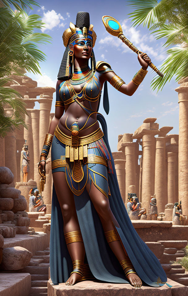 Egyptian goddess in traditional regalia at ancient temple columns