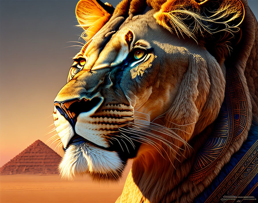 Majestic lion with intricate mane patterns by Egyptian pyramid at sunset